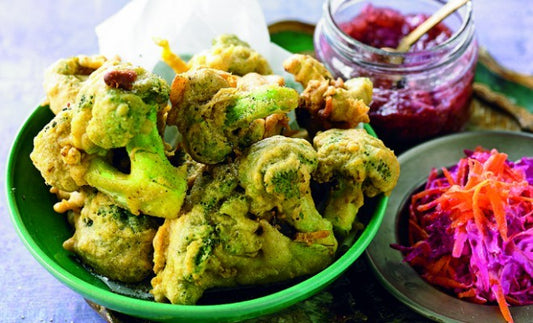 Broccoli Bhajis with Chia Jam + Carrot and Beetroot Raita